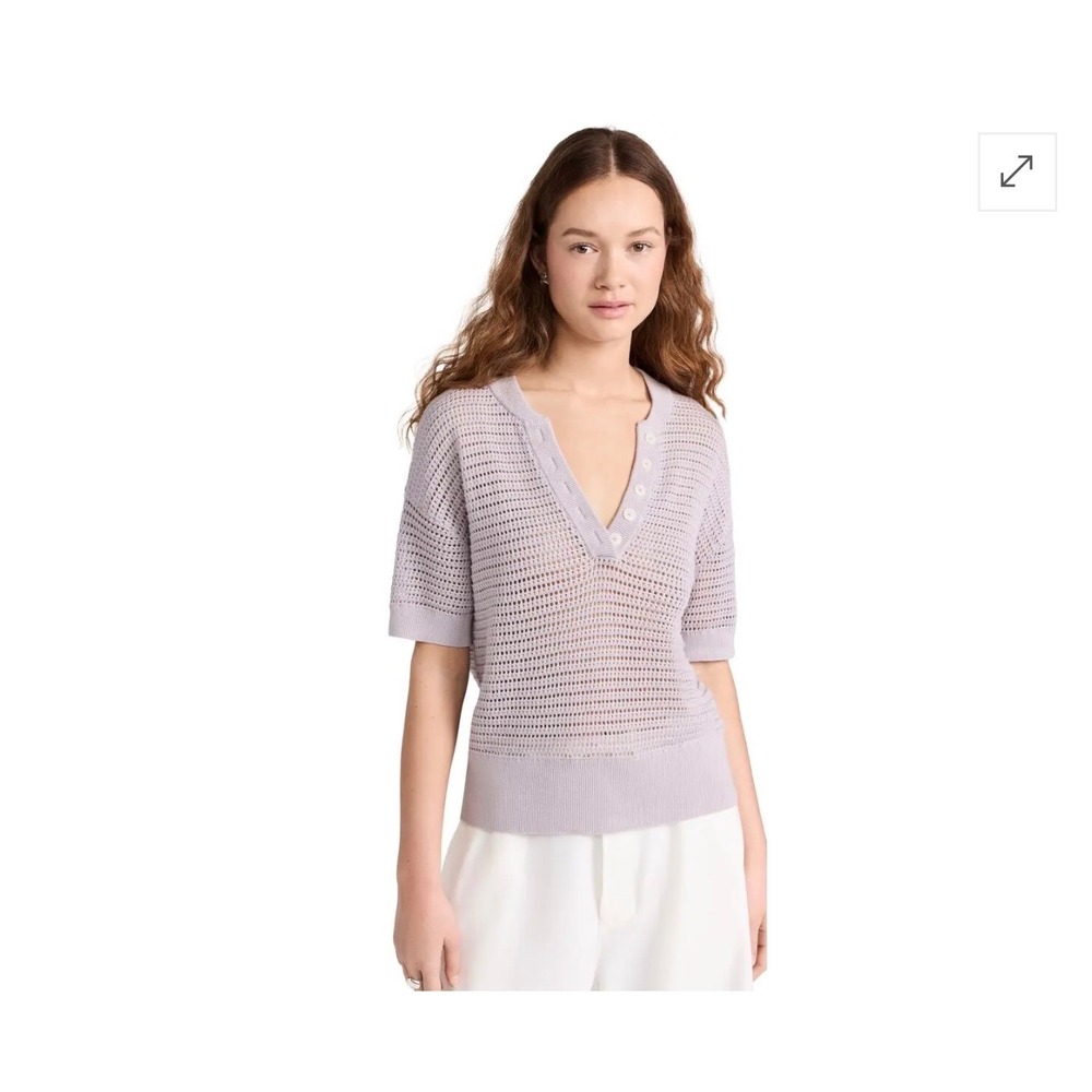 Varley Womens Lavender Purple Cotton Crochet Knit Button Polo Sweater Medium